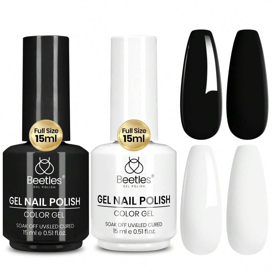 Beetles 2Pcs 15ml Full Size Black White Gel Polish Set, Soak Off LED French Nail Gel, DIY Salon Manicure Art At Home - 2Pcs 15ml Black & White - 查看 1