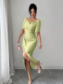 Vestido elegante ajustado con cuello de volantes, mangas de pétalos y hebilla metálica de bloque de color para mujer, primavera/verano - Verde pastel - Ver 8