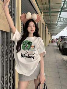 Graphic Short-Sleeve T-Shirt, Casual T-Shirts For Women, Cotton T-Shirts, Summer Tops For Women, Fun Print T-Shirts For Women, Soft And Comfortable T-Shirts For Everyday Wear, Daily Gift, T-Shirt. Summer Top For Women. - 白色 - 查看 2