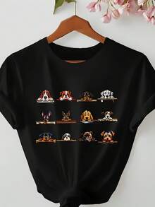 Women's 100% Cotton T-Shirts 2026 - Women's Casual Short Sleeve T-Shirt - Dog Breed Pattern Print, Soft Round Neck, Black, Machine Washable, Spring Summer Fashion Top, Cute T-Shirt, Weekend Style, Breathable Shirt For Pet Owners, Korean Style - Black - View 1