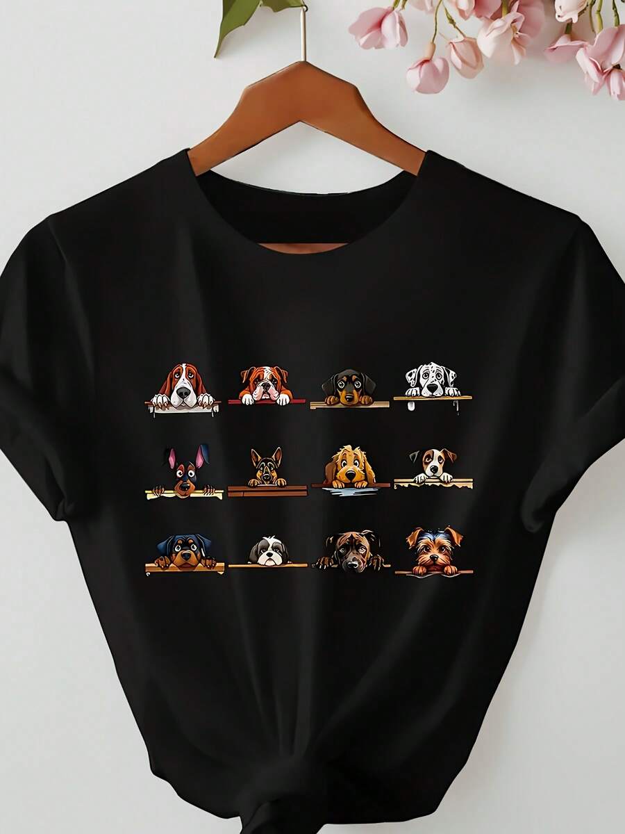 Women's 100% Cotton T-Shirts 2026 - Women's Casual Short Sleeve T-Shirt - Dog Breed Pattern Print, Soft Round Neck, Black, Machine Washable, Spring Summer Fashion Top, Cute T-Shirt, Weekend Style, Breathable Shirt For Pet Owners, Korean Style - Black - View 1