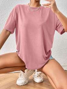 Solid Drop Shoulder Tee - Bụi hồng - Xem 3