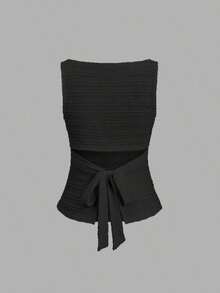 Camiseta sin espalda de unicolor casual para mujer en verano - Negro - Ver 2