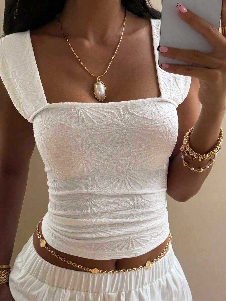 Top corto ajustado de cuello cuadrado de tela texturizada de unicolor minimalista para mujer, ideal para el verano, vacaciones y uso diario - Beis - Ver 1