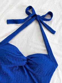 AVestido mini sexy con espalda descubierta, corbata en el cuello, dobladillo fruncido y doble capa, adecuado para fiestas, citas, San Valentín - azul real - Ver 6
