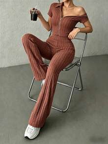 KKONE Two-Piece Set: Plain Color Crop Top And Bell Leg Pants - Reddish-brown - View 1