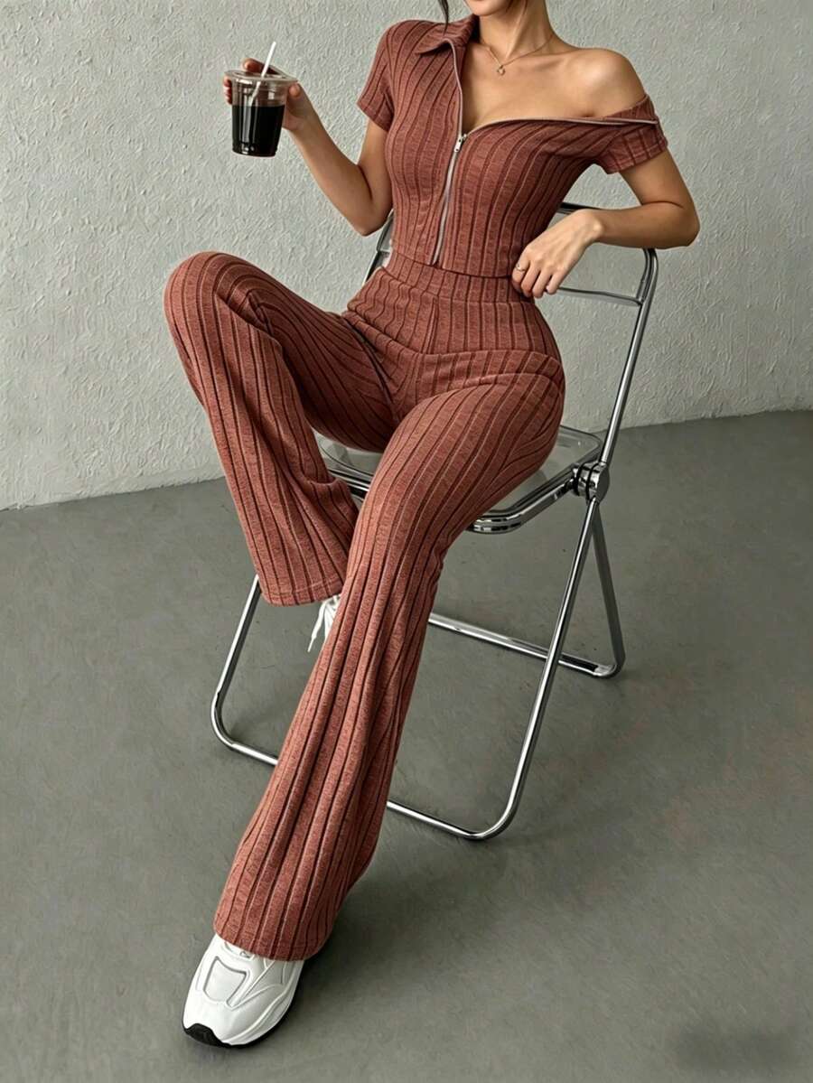 KKONE Two-Piece Set: Plain Color Crop Top And Bell Leg Pants - Reddish-brown - View 1