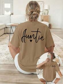 Women's T-Shirt With Double-Sided Front/Back Print - Short Sleeve, Round Neck, Casual Style, Suitable For Casual Wear, Machine Washable, With "Auntie" And Heart Print, Non-Blouse Style For Layering Or Wearing As A Top, 100% Cotton - 卡其色 - 查看 12