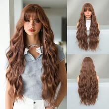 7JHH WIGS Extra Long Body Wave Mocha Brown Wig For Women 32 Inch Elegant Wavy Curly Wig With Bangs, Natural Looking Soft Fluffy Synthetic Heat Resistant Fiber Hair Wig For Daily Wear, Music Festival Party Use - 摩卡棕 - 查看 11