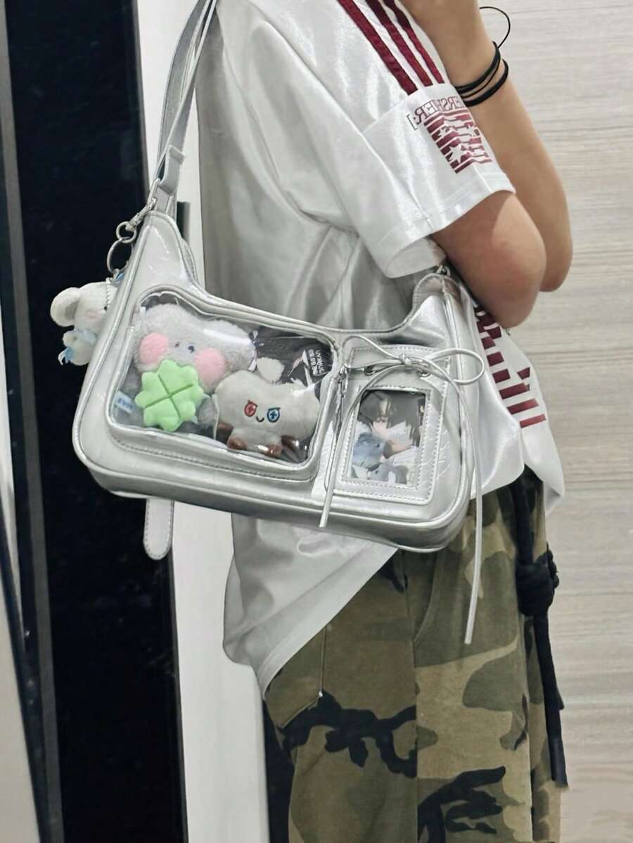 Japan's New Y2K Fashion Shopping Casual Simple Street Commuting Large-Capacity Girls' College Oil Wax Leather Transparent Badge Pain Bag Multi-Functional Shoulder Bag Cross-Body Bag, Can Put Grain, Can Hang Key Chains, Can Put Postcards, Can Participate In Comic Exhibitions, Can Participate In Parties, Can Give To Friends, Can Be One-Shoulder Back