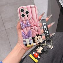 Disney Mickey Mouse Clubhouse Phone Case : 3D Fluffy Pattern Border Protector Phone Soft Phone Case With A Free Cute Mickey Bracelet Chain Lanyard, Mickey, Minnie, Goofy, Donald Duck, Daisy Duck, Pluto, For Apple 17 Promax 17 Pro 16 15 14 13 12 11 Pro Max XS Max X XR Soft Cover Summer Phone Case - trắng - Xem 1