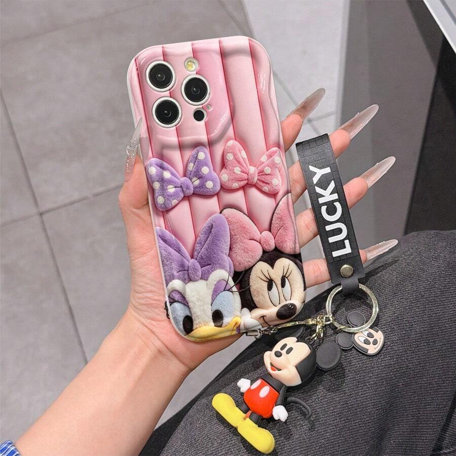 Disney Mickey Mouse Clubhouse Phone Case : 3D Fluffy Pattern Border Protector Phone Soft Phone Case With A Free Cute Mickey Bracelet Chain Lanyard, Mickey, Minnie, Goofy, Donald Duck, Daisy Duck, Pluto, For Apple 17 Promax 17 Pro 16 15 14 13 12 11 Pro Max XS Max X XR Soft Cover Summer Phone Case - trắng - Xem 1