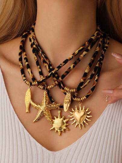 Dây chuyền vải in họa tiết da báo phong cách Bohemian, mặt dây chuyền mạ vàng 18K bằng thép không gỉ họa tiết đại dương, dây chuyền cổ điển cá nhân hóa dành cho nữ.