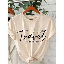 Women's Cotton T-Shirt, "Travel Is My Relax" Letter,Airplane & Heart Print,Apricot Loose Round Neck Short Sleeve Tee,Breathable For Summer Daily Wear - 淺杏色 - 查看 7