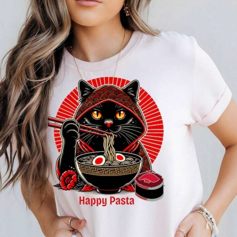 RaM1en C1At T-Shirt, RaM1en C1At Shirt, Gift For Animal Lover, Japanese Style T1EE, Anime T1EE, Kitty T1Shirt,.JPG 100% Cotton Unisex T-Shirt - Premium Casual Comfortable Fit T-Shirt - 白色 - 查看 1