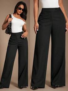 Pantalones rectos de tiro alto de color marrón de estilo minimalista y elegante para mujer, pantalones de traje marrones, pantalones de tiro alto, pantalones casuales sueltos, pantalones de pierna ancha, ropa de mujer de negocios casual, ropa de e - Negro - Ver 7