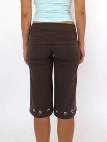Women Shorts, Summer Elastic Waist Solid Eyelets Casual Shorts Streetwear for Daily - Marrón - Ver 6
