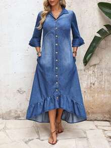 Vestido de verano de mezclilla con botones, cuello regular, mangas acampanadas y ribete de volantes - Azul - Ver 3