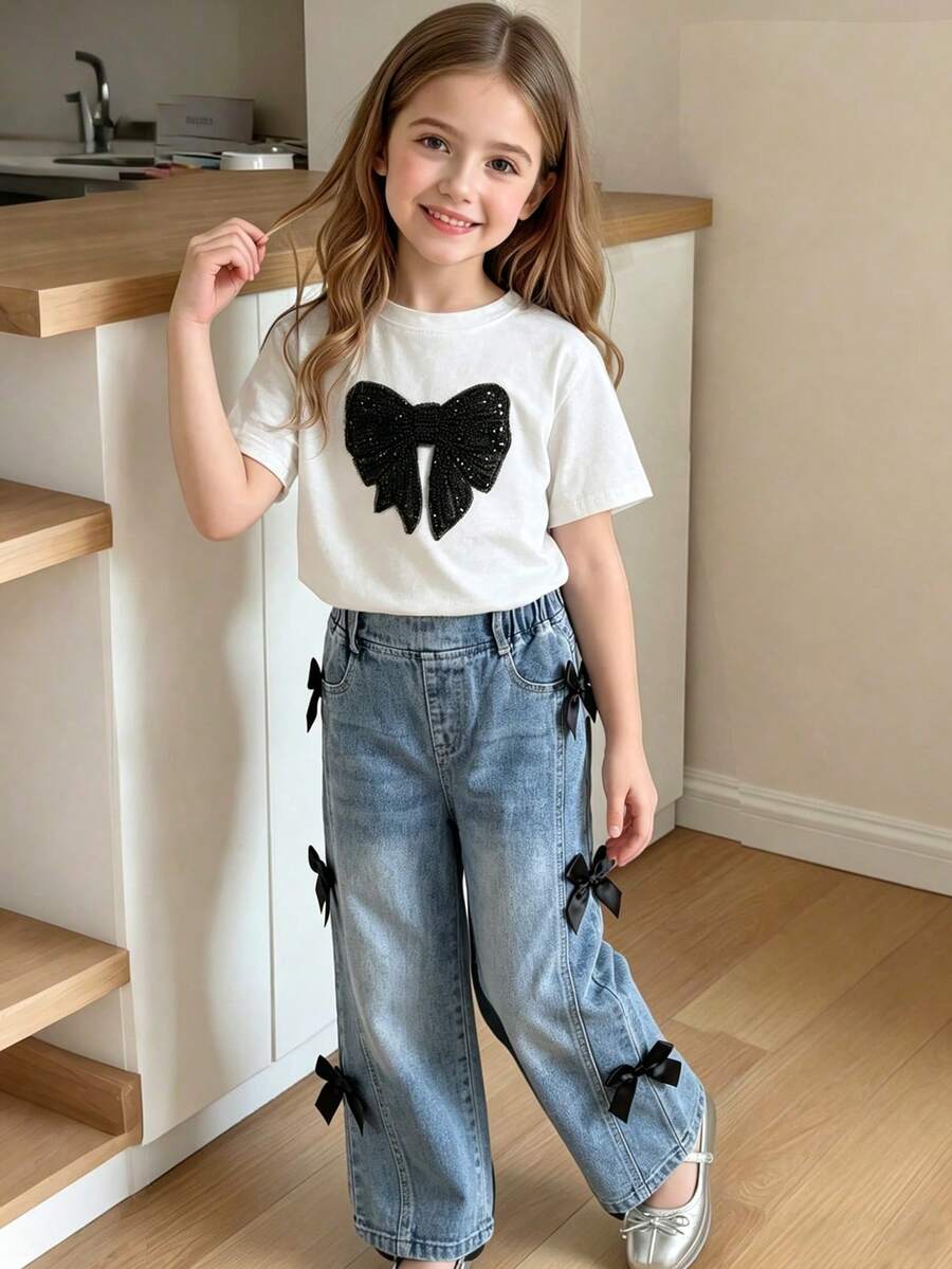 Young Girls 2-Piece Set: Gray Sequin Bow Decor Short Sleeve Top + Wide Leg Denim Pants, Summer - White - View 1