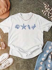 Kurzärmeliges Baumwoll-T-Shirt mit Rundhalsausschnitt und einem Strichzeichnungsmotiv von Tieren, darunter Muscheln, Seesterne und Korallen; Frühlingskleidung, Baumwoll-T-Shirt, Sommer-T-Shirt. - Weiss - Übersicht 7