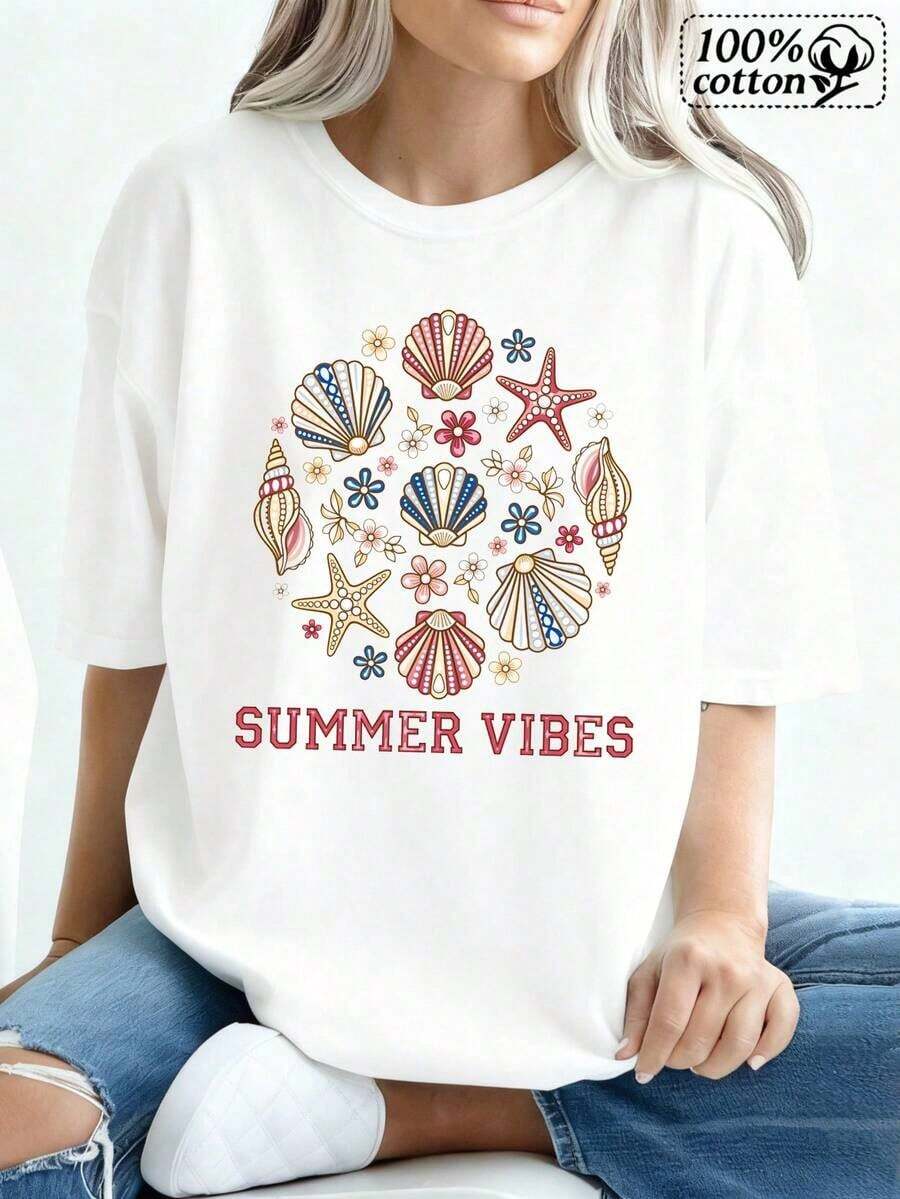 Playeras de Mujer Casual para Playa con Diseño de Camiseta Blanca Adornada con Conchas Marinas, Estrellas de Mar y Motivos Florales, Perfectas para el Verano