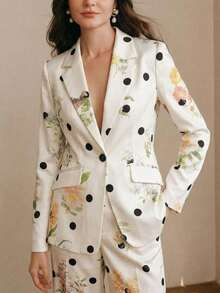 Blazer de cintura ceñida con estampado de lunares y flores de alta gama para mujer, adecuado para salir, fiestas y ocasiones formales - Blanco - Ver 5