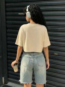 Blusa de mujer de cuello redondo, manga corta, holgada y casual, de estilo minimalista, elegante y sexy Y2K, adecuada para uso diario, oficina, hogar, exterior, primavera/verano - Albaricoque - Ver 5
