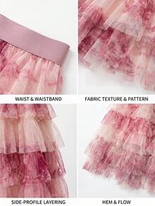 Saia Midi Tule Multicamadas Feminina - Cintura Alta Babado Rosa Bainha Volumosa Saia de Tule em Forma de A, Adequada para Convidados de Casamento, Festas, Formaturas, Verão - Rosa chiclete - Visão 9