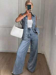 Conjunto de 2 piezas para mujeres compuesto por un chaleco de mezclilla lavada con cuello y pantalones anchos de pierna larga - Azul lavado medio - Ver 3