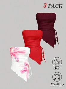 Conjunto de 3 piezas con parte superior bandeau asimétrica con estampado floral, para primavera/verano.Conjunto de 3 piezas con parte superior tubo estampada con flores blancas y rosas, con bajo asimétrico, romántico, para primavera/verano.Ele - Multicolor 7 - Ver 2