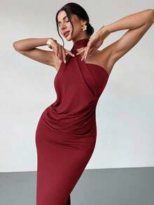 Vestido suelto con mangas acampanadas asimétricas de color marrón moca para mujer, vestido largo de moda, ropa de primavera/verano, adecuado para ir al trabajo, elegante, sexy, vacaciones, playa, estilo bohemio, Hawái, festivales de música, fiestas, atuendo de trabajo - Burdeos - Ver 3