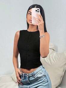 Blusa sin mangas casual con textura de un solo color y botones delanteros - Negro 2 - Ver 4