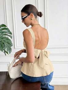 Camisa sin mangas y sin espalda elegante y casual de 100% algodón, conjunto de verano para damas - Albaricoque - Ver 4