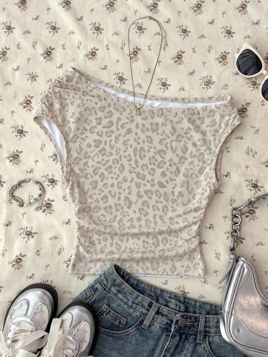 Blusa corta asimétrica fruncida para mujer - Multicolor 4 - Ver 1