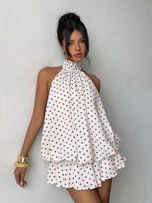 Vestido mini elegante de mujer con estampado de lunares y escote halter sin espalda - Rojo y blanco - Ver 8