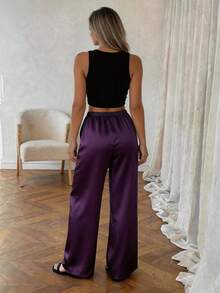 1 pieza Pantalones con bolsillo y cordón en unicolor, adecuados para el hogar, uso diario, vacaciones, fiestas de solteros, satén, para todas las estaciones de primavera - Morado - Ver 4