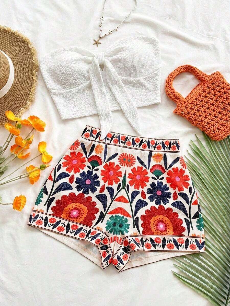 Conjunto informal de 2 piezas de top tubo corto anudado de unicolor y shorts con estampado floral para vacaciones de mujer - Blanco - Ver 1