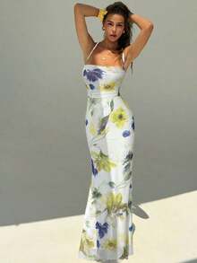 Vestido con estampado floral elegante y espalda descubierta para mujer - Blanco 2 - Ver 4