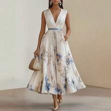 Women's Sleeveless Printed Midi Dress, Elegant And Modern Long V-Neck, Ideal For Holidays And Casual Events - 白色 - 查看 5