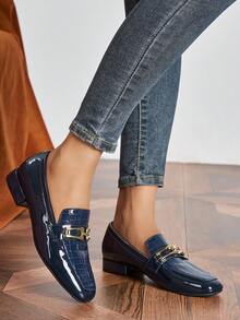 Mocassins à talons bas patchwork bleu marine pour femmes, style britannique rétro, bout rond, chaussures plates à enfiler, chaussures d'uniforme pour le printemps et l'automne, trajets quotidiens - Bleu marine - Voir 5