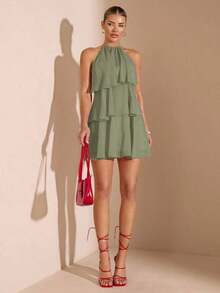 Vestido corto de gasa rojo sólido con hojas de loto en cascada, apropiado para citas diarias, salidas nocturnas, discotecas, fiestas, reuniones, fiestas de cócteles, fiestas de piscina, ropa de vuelta al colegio, vestidos de temporada escolar, v - Verde militar - Ver 8