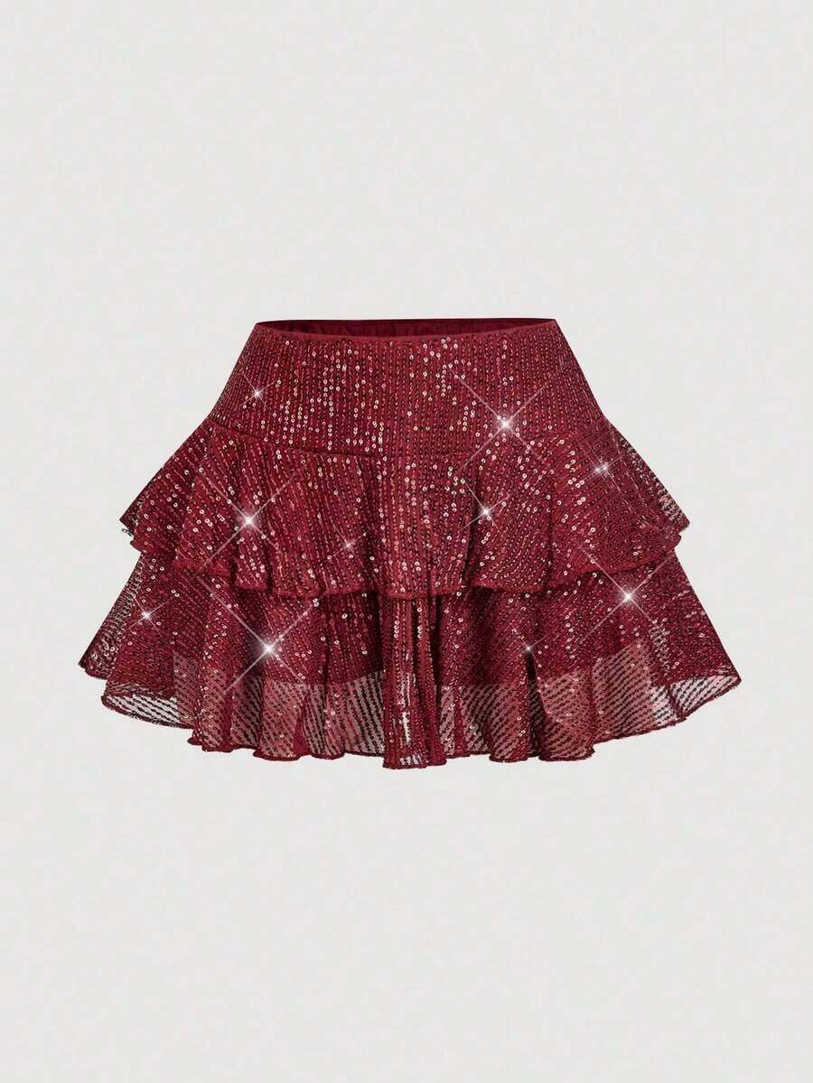 MOD Falda de cintura baja con doble volante con lentejuelas para mujer - Burdeos - Ver 1