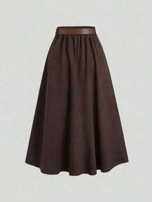 Sweetro Falda de ante marrón café con diseño de solapa única para mujer, otoño/invierno - Café integral - Ver 2