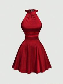 MOD Vestido mini con espalda descubierta, lazo y estampado floral abstracto fluido - Burdeos - Ver 2