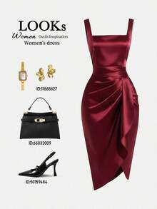 Vestido sin mangas de satén pesado color vino tinto para mujer, cuello cuadrado retro, adelgazante de cintura con pliegues tridimensionales, bajo asimétrico, vestido de lujo para cóctel y citas, vestido corto ajustado con textura drapeada - Burdeos - Ver 4