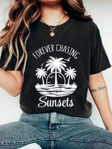 Women's Casual Short Sleeve T-Shirt - "Forever Chasing Sunsets" Graphic Print, Loose Fit, Crew Neck, Medium Stretch, All-Season Comfort, With Palm Tree And Sunset Design, Perfect For Beach Style Or Vacation, Y2k Beach T-Shirt Shirt - 黑色 - 查看 10
