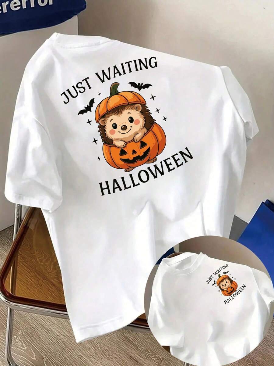 Camiseta estampada por delante y por detrás para Halloween, con un lindo diseño de erizo, cuello redondo, manga corta informal para mujer, ajuste cómodo, diseño clásico, artículo y, top estampado reversible para mujer.Camiseta Y2k - Blanco - Ver 1