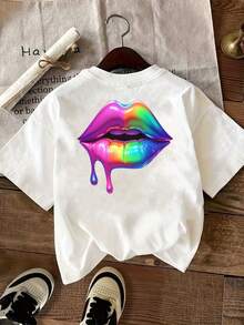 Camiseta Gráfica de Labios Arcoíris para Mujer - Estampado de Labios Vibrantes en Rosa y Morado, Cuello Redondo, Manga Corta, Top Ligero de Verano para Atuendos Casuales y Formales - Uso Diario, Fiestas, Ropa Casual - Ropa de Mujer Lavable a Máquina, Camisetas para Damas Y2k Camiseta Camisa De - Blanco - Ver 2