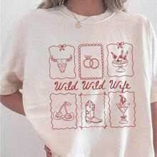 1 "Wild Wild Wife" Cowboy Style Bachelorette Party T-Shirt, Western Style Bridal Shower T-Shirt For Girls Weekend Trips To Texas, Austin, Nashville, Women's Casual Short Sleeve Crew Neck T-Shirt, 100% Soft 180g Cotton. - 白色 - 查看 2