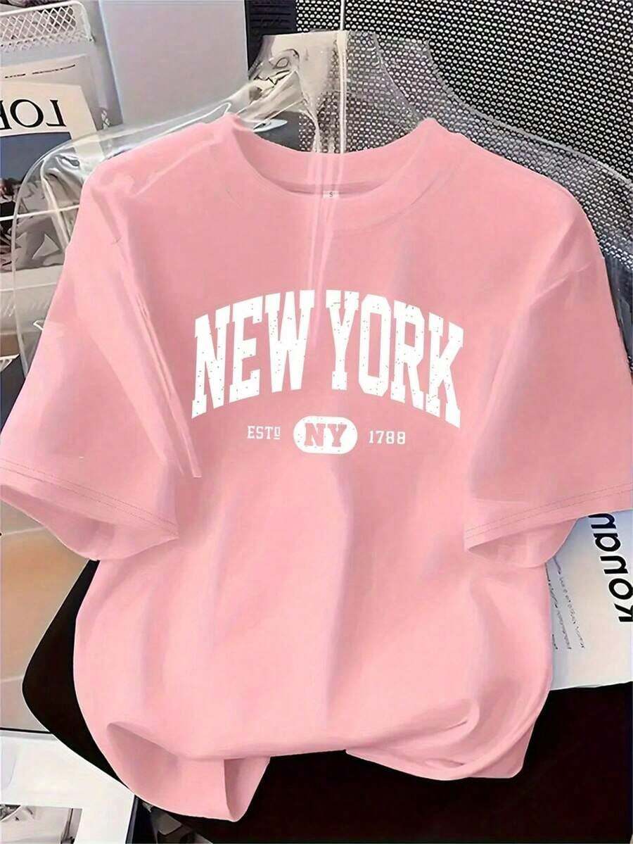 Women's Casual Varsity Blouse, New York 1788 Style, Retro Printed Lettering, Soft Fabric, Loose Fit, Round Neck, Short Sleeves, Spring/Summer, For Everyday Wear And Travel - Multicolor - View 1